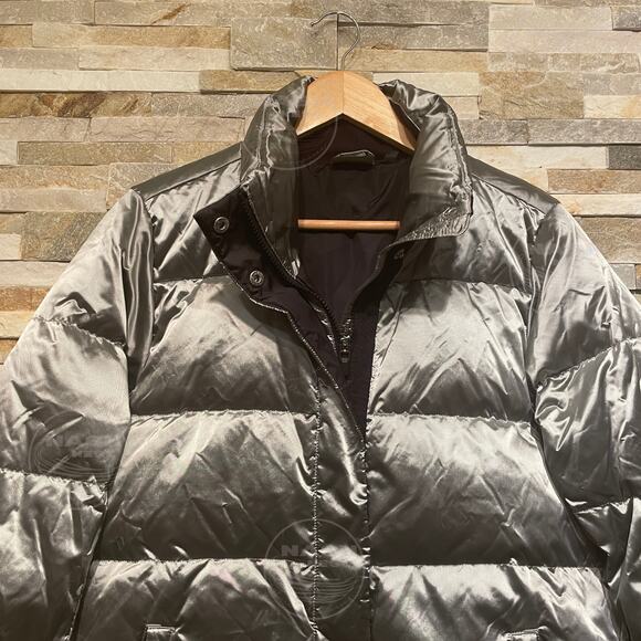 Athleta M Metallic Gray Goose Down Puffer Jacket | 90% Down Warm Silver Coat - Picture 5 of 9